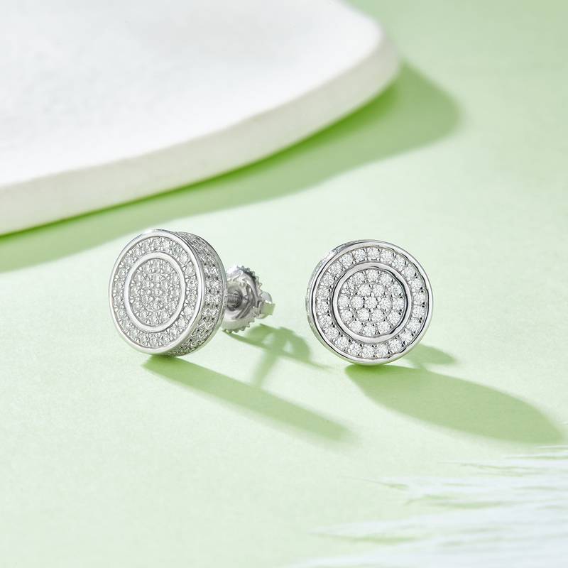 圆形双环S925银Stud Earring带螺纹Moissanite厘石D级0.95ct